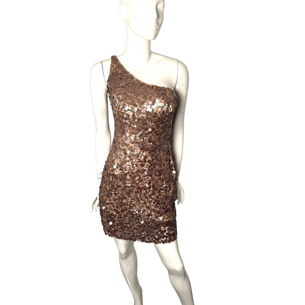 Vintage Scala Mini Dress Rose Gold Sequin One Sleeve 8 Disco‎ Rave cocktail